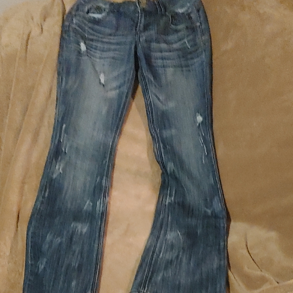 ✅$8 Add On Almost Famous Distressed Blue Flare Jeans Sz 9